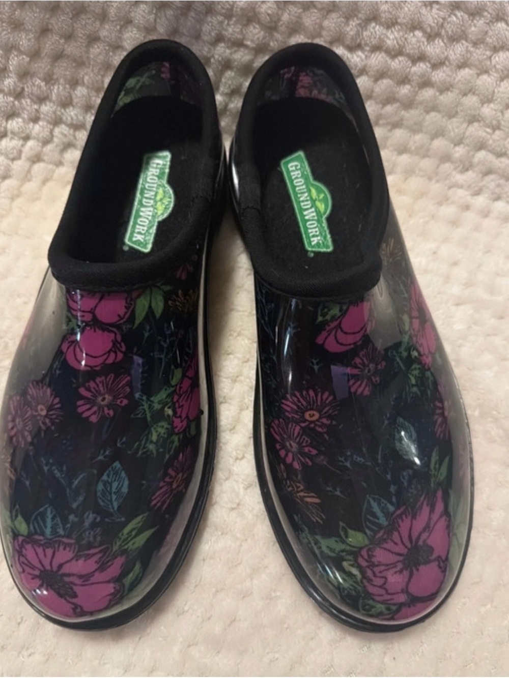 Women's Black Floral Waterproof Slip-On Rain Clogs